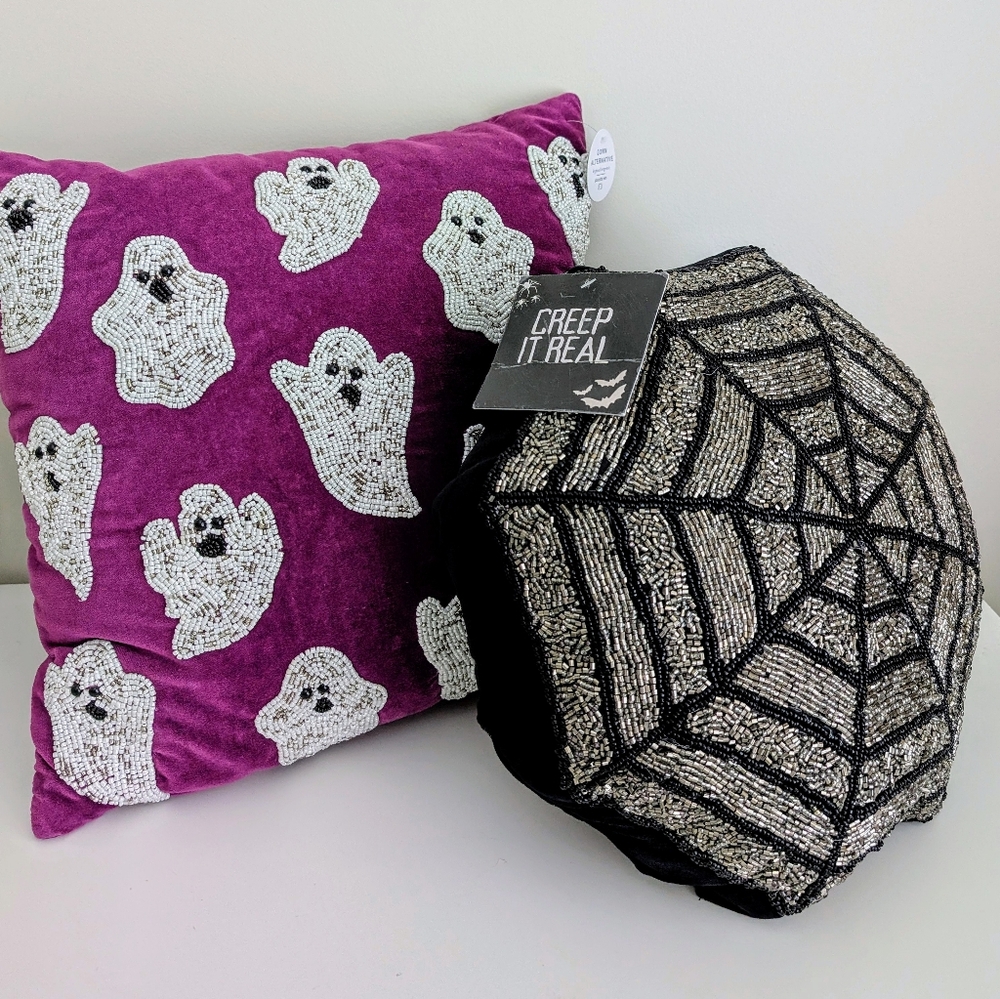BUNDLE Beaded Halloween Pillow Set 18" Purple Ghost & Silver Spider Web Pillows